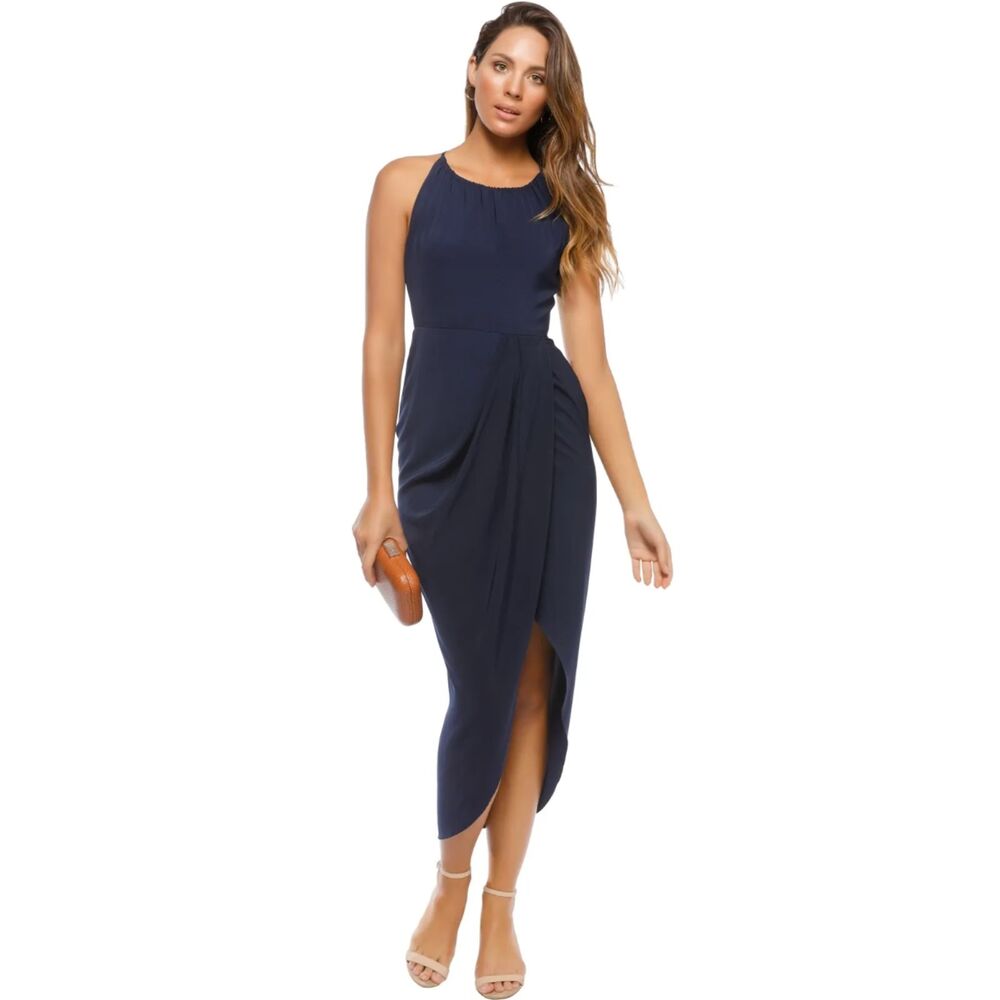 Shona Joy Core High Neck Ruched Midi Dress Navy Size 4